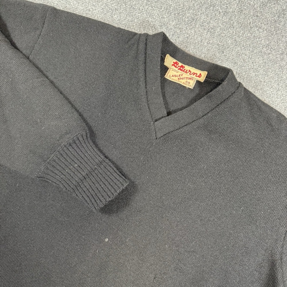 Vintage 50s Lasley‎ Knitting Sweater Mens Large Black Wool V Neck Pullover USA